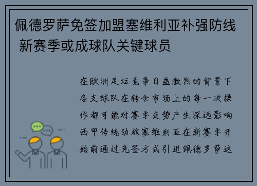 佩德罗萨免签加盟塞维利亚补强防线 新赛季或成球队关键球员