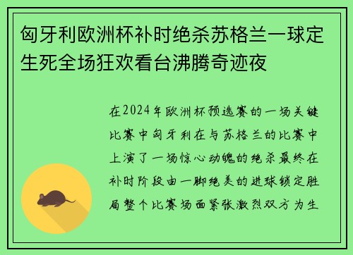 匈牙利欧洲杯补时绝杀苏格兰一球定生死全场狂欢看台沸腾奇迹夜